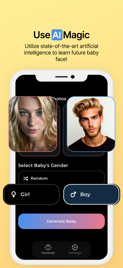 AI Baby Generator: FutureBaby - AI Baby Generator app screen showing parent photo uploads and baby gender selection options.