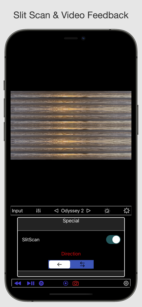 VideoSynth - iPhone screenshot of VideoSynth app showing a slit-scan visual effect with horizontal distortion and control settings