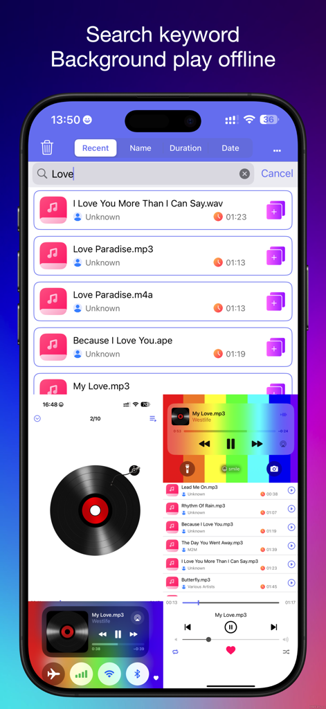 Musix - Simple Music Player AM - Interface of Musix app showing song search results and background offline playback options.