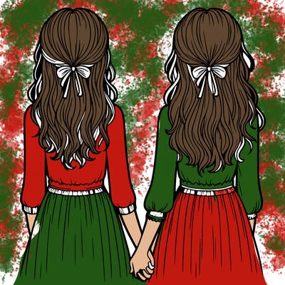 two realistic looking girls standing with backs facing the paper and they are holding hands