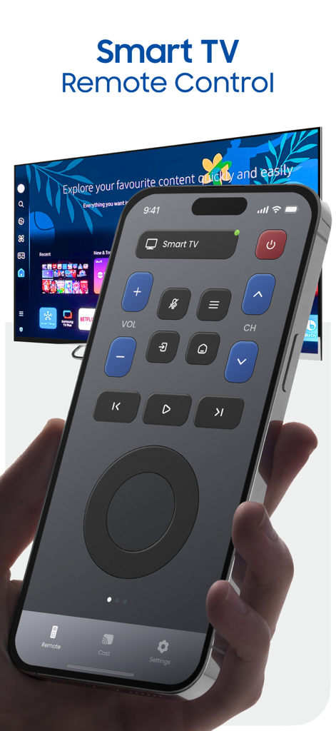 Remote Control for TV Smart - Una mano sosteniendo un iPhone que muestra la interfaz de la aplicación Control Remoto para Smart TV frente a un televisor
