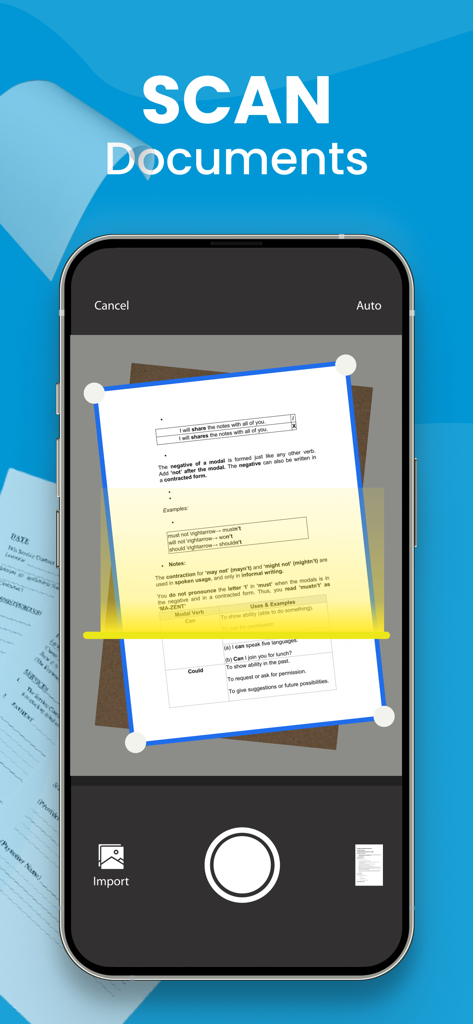 Pantalla de iPhone que muestra una aplicación móvil escaneando un documento en papel usando la cámara