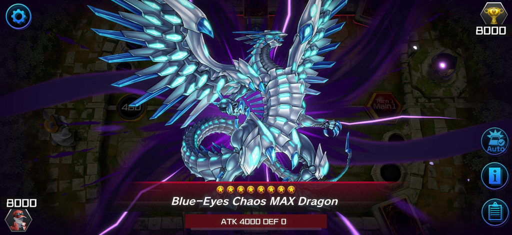 Animazione di evocazione di Blue-Eyes Chaos MAX Dragon nel gameplay di Yu-Gi-Oh! Master Duel.
