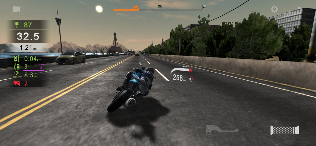 Real Moto Traffic - 3D gameplay of a blue sportbike racing at high speed on a highway at sunset