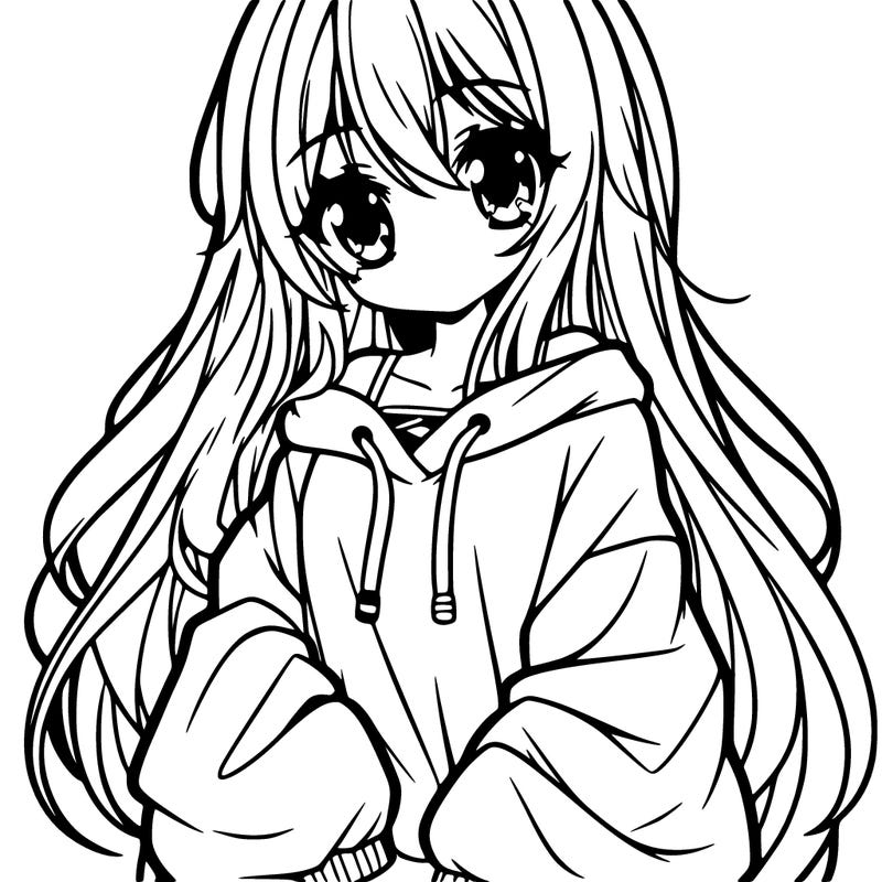 a girl with long anime-style hair and a baggy sweatshirt with a very cute face