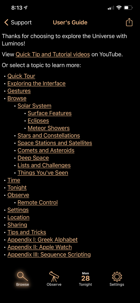 Luminos - Schermata Guida per l'utente nell'app di astronomia Luminos che mostra un elenco di argomenti di aiuto come la navigazione nel sistema solare e il controllo remoto del telescopio