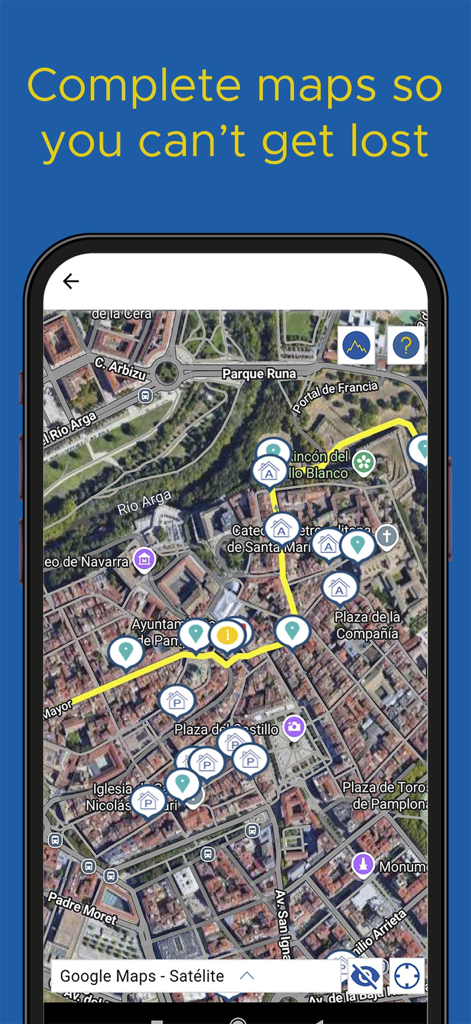 Buen Camino de Santiago App - Satellite map view of the Camino de Santiago route with points of interest markers on a mobile phone screen.