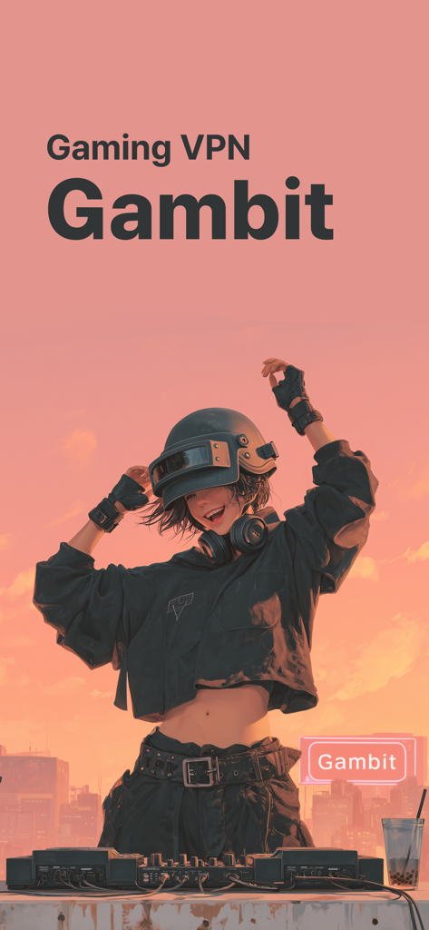 Gambit Gaming VPN splash screen with a female gamer wearing a tactical helmet