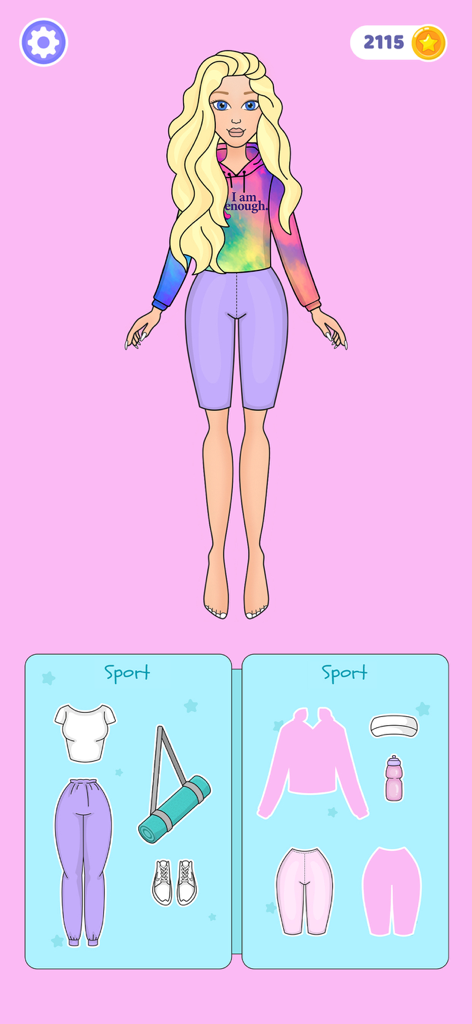DIY Paper Doll - Un personaggio di bambola di carta che indossa una felpa colorata e pantaloncini viola con opzioni di abbigliamento sportivo come un tappetino da yoga e scarpe da ginnastica visualizzate sotto.