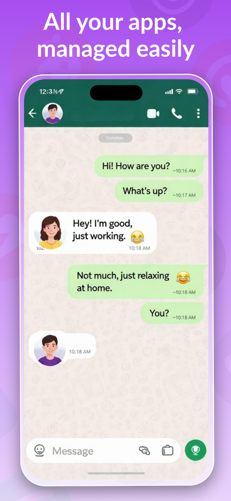 Captura de tela do aplicativo Parallel Space mostrando uma interface de mensagens para contas duplas em um iPhone