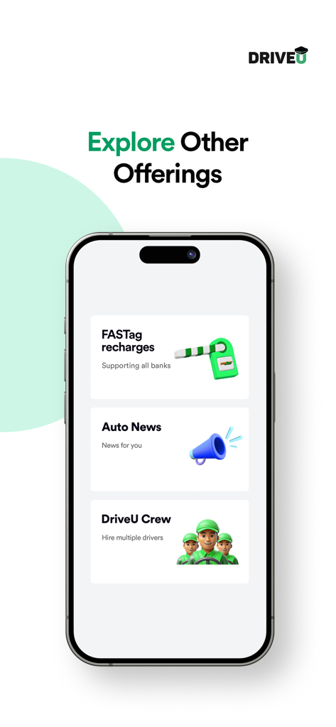 A mobile app interface for DriveU showing additional services like fastag recharges, auto news, and the option to hire multiple drivers.