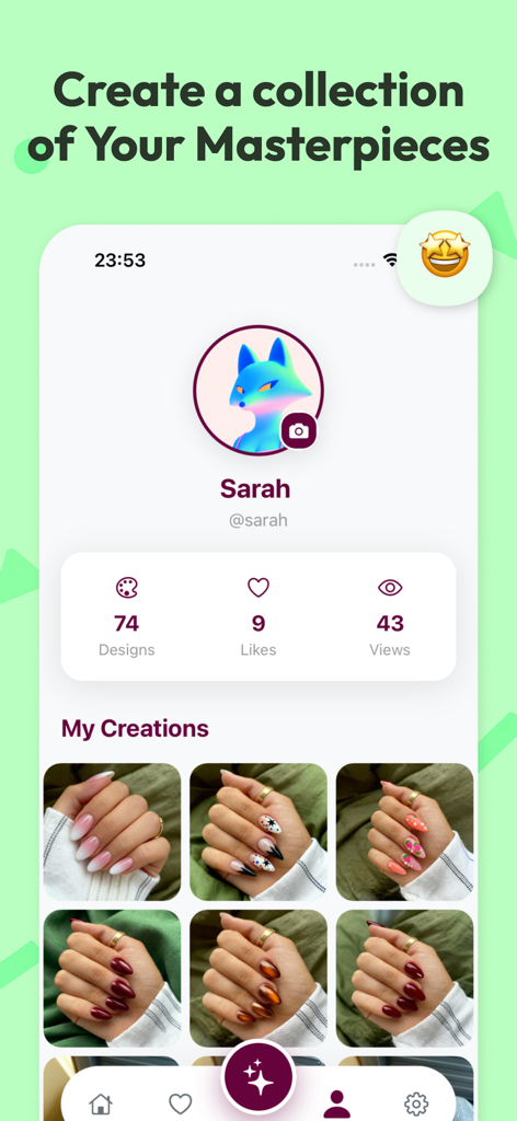 AI Nail Art Try On - CutieCure - A user profile page in the CutieCure app displaying a gallery of custom AI nail art designs