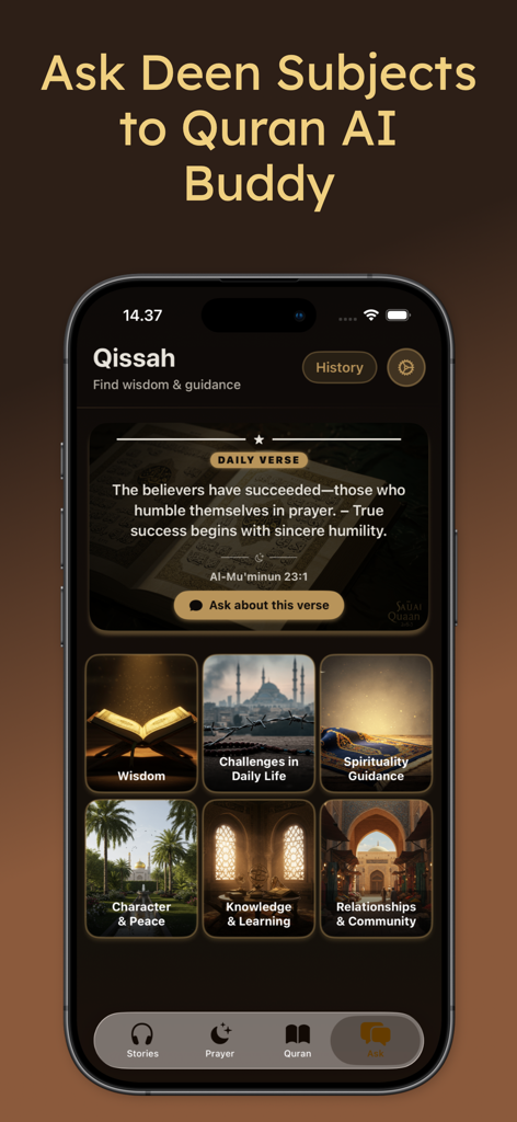 Qissah Stories Your AI Buddy - Qissah app interface showing the AI Quran Buddy feature and various religious categories like wisdom and spiritual guidance.