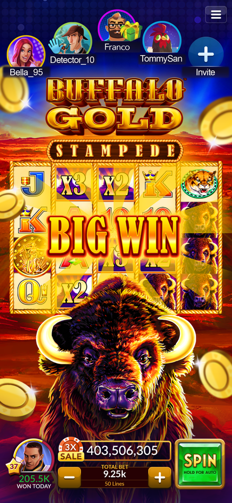 Big Fish Casino Buffalo Gold Stampede slot machine showing a Big Win notification and social player avatars