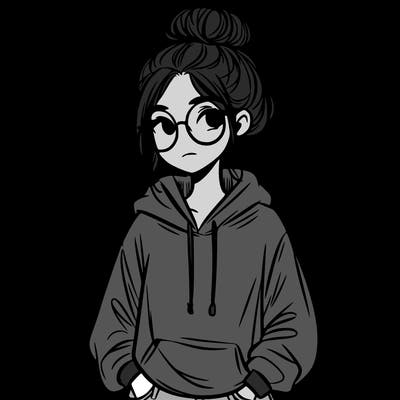 teen girl with a messy bun and glasses wearing a loose hoodie and jeans