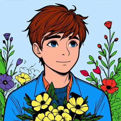 realistic boy with flowers