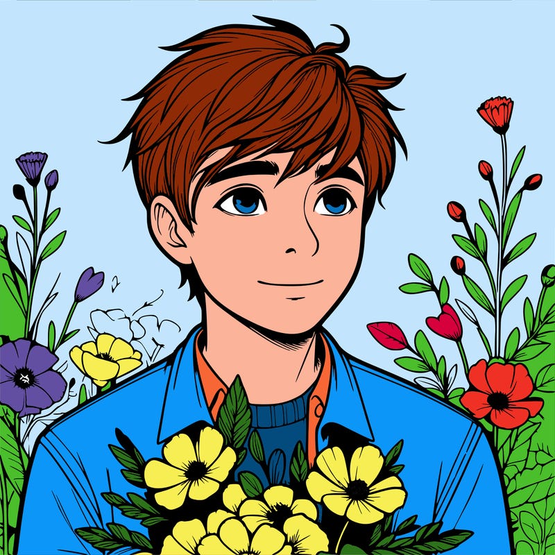 realistic boy with flowers