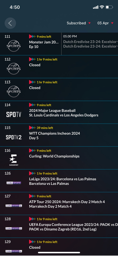 Singtel Cast - mio SPORTS, SPOTV, beIN SPORTS 등의 채널과 함께 실시간 스포츠 편성표를 보여주는 Singtel Cast 모바일 앱