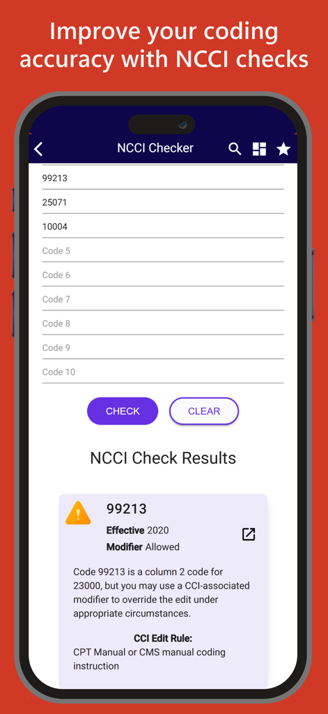 iCoder CPT RVU ICD10 HCPCS - iCoder App-Oberfläche, die das NCCI Checker-Tool mit Ergebnissen zur Kodierungsgenauigkeit und CCI-Editierregeln auf einem Smartphone anzeigt.