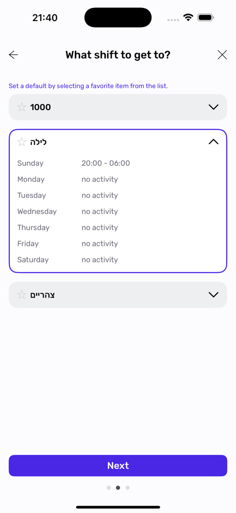SHIFT world of transportation - Mobile app screen for selecting a work shift with a detailed weekly schedule.
