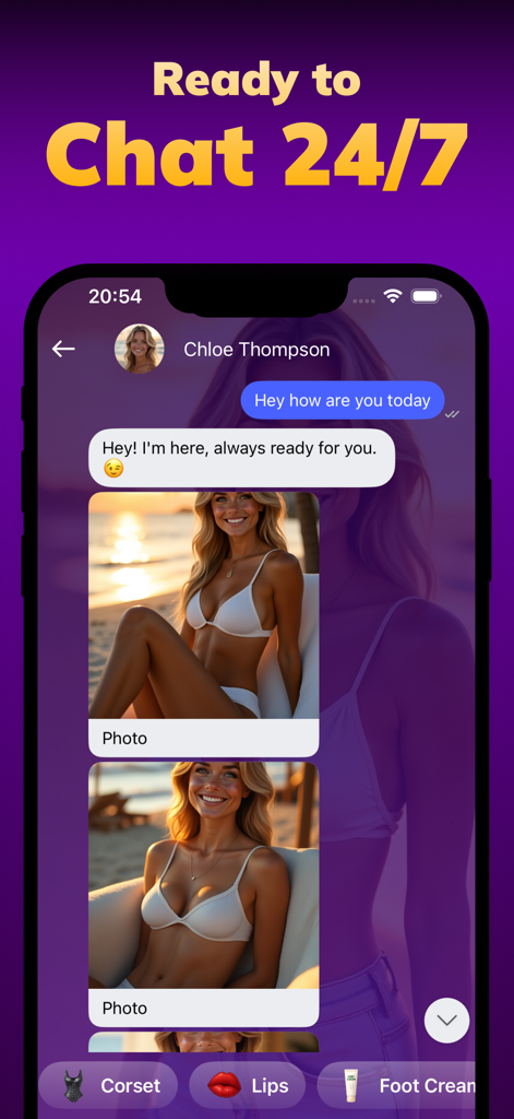 AI Girl Friend Chat  - AMA - A mobile app interface showing a 24/7 chat with an AI girlfriend character including text messages and photos.
