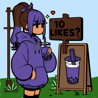 girl with oversized hoodie drinking boba and she has a high ponytail with a sign that says 10likes?
