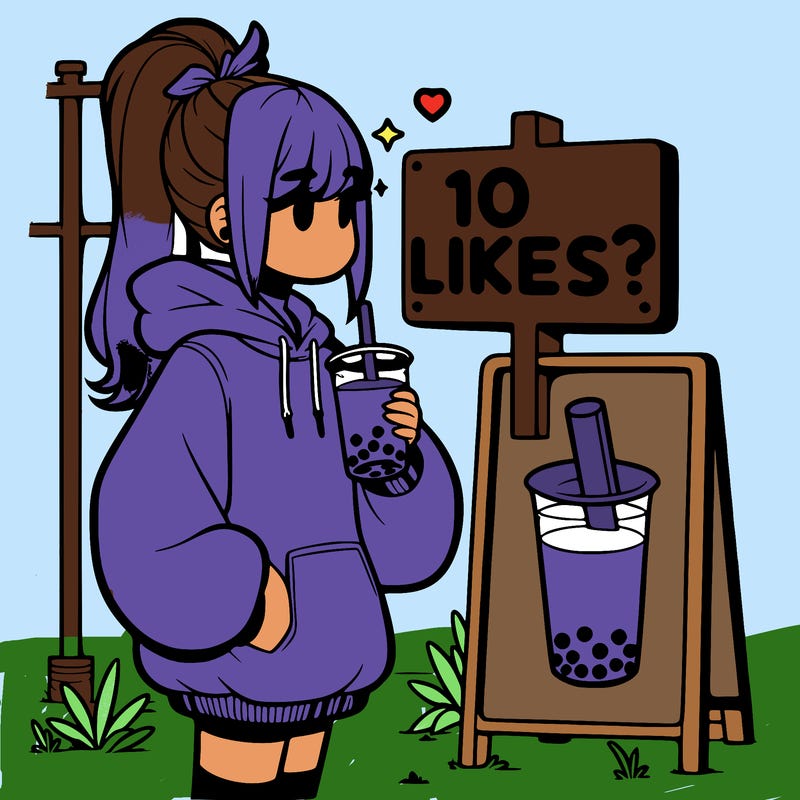 girl with oversized hoodie drinking boba and she has a high ponytail with a sign that says 10likes?
