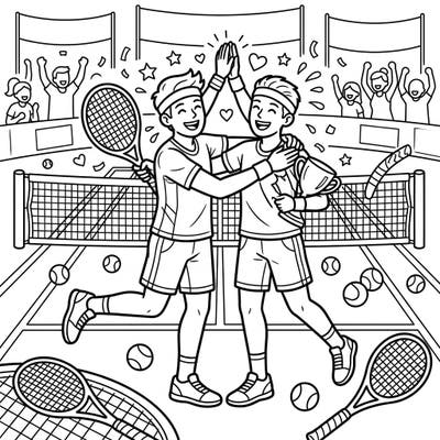 Capture the thrill of success with this exciting coloring page featuring tennis players celebrating their victory. Perfect for sports fans, this illustration invites you to add vibrant hues to a moment of triumph.