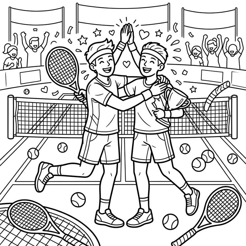 Capture the thrill of success with this exciting coloring page featuring tennis players celebrating their victory. Perfect for sports fans, this illustration invites you to add vibrant hues to a moment of triumph.