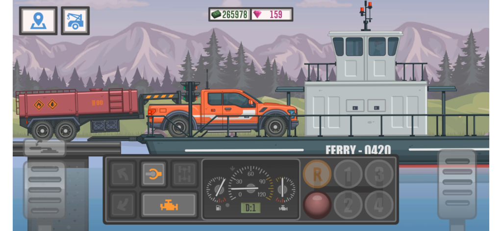 Un pick-up orange tractant une remorque-citerne de carburant sur un ferry traversant un lac dans Trucker and Trucks.
