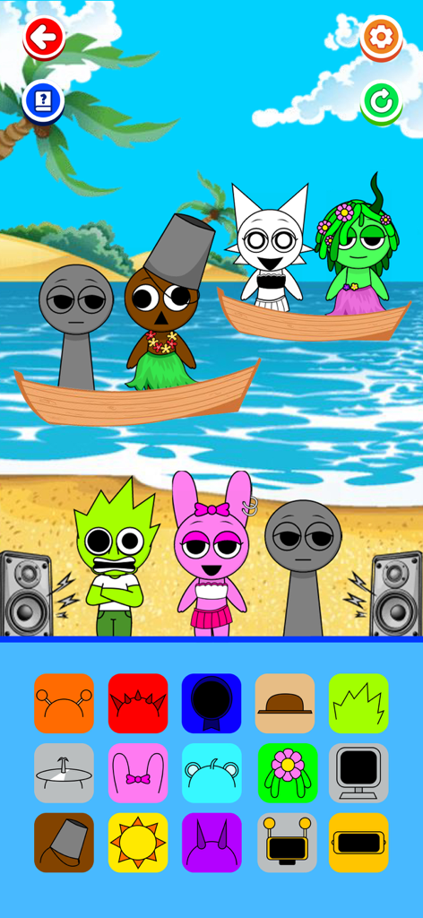 Horror Music Box - Fun Mode gameplay in the Horror Music Box app showing cartoon characters on a beach with music customization icons.