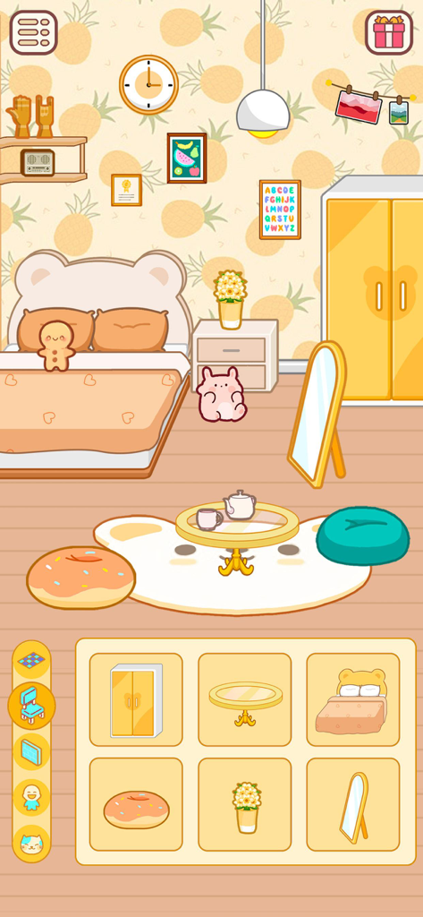 Love Home: Cute Life Sim Games - Kawaii bedroom decoration screen with bear themed furniture and pineapple wallpaper