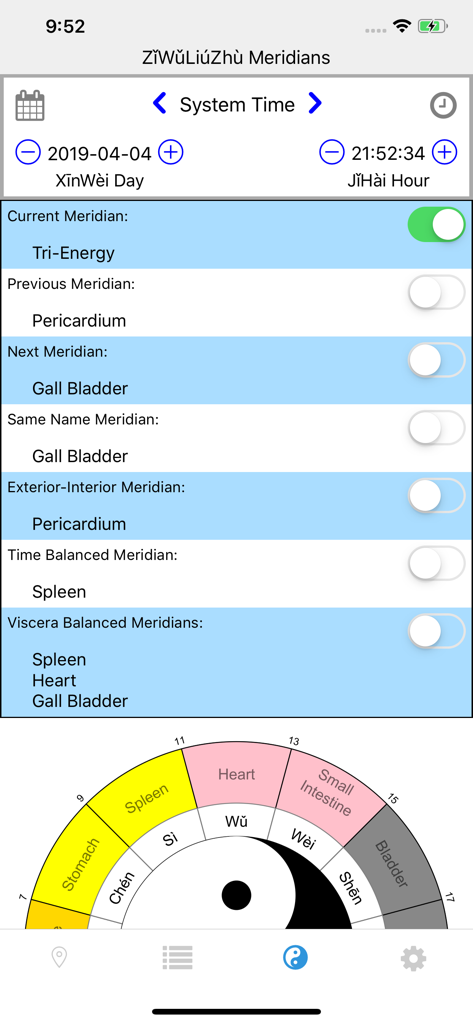 Chrono-Acupuncture - Chrono Acupuncture app interface showing ZiWuLiuZhu meridians and a circular Chinese organ clock chart.