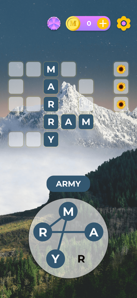 Word Flowers - Word Flowers mobile game showing a word puzzle over a mountain landscape