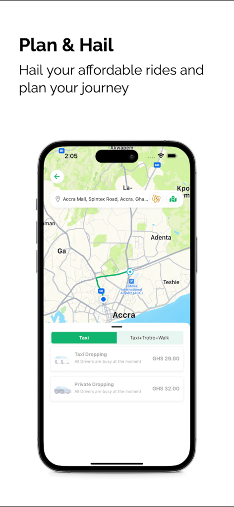 Tap n' Go - Commute in Ghana. - Smartphone showing the Tap n Go Ghana app interface for ride hailing with a map and fare estimates