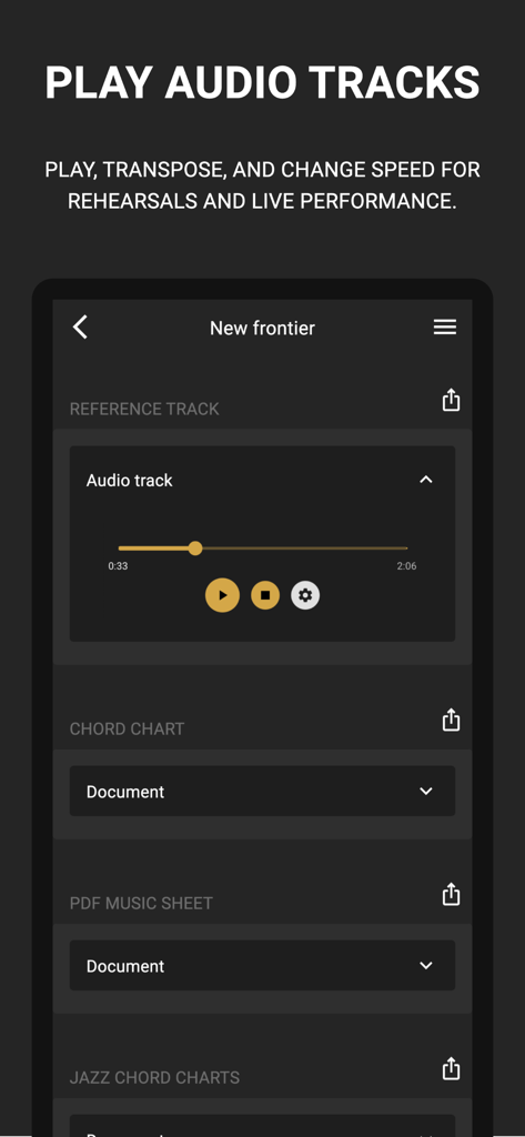 Bandfix: Songbook & Setlists - Bandfix app interface showing audio track playback with controls for play transpose and speed change