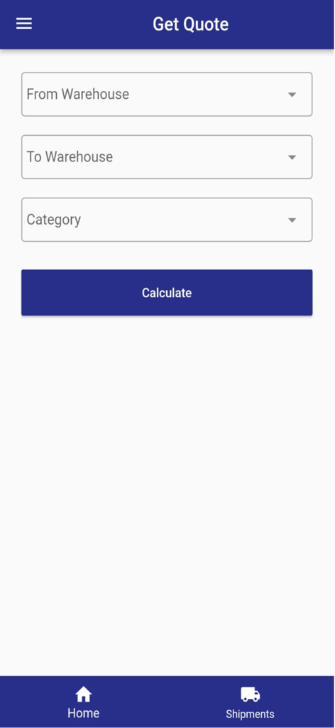 WELJ mobile app screen for calculating shipping quotes with warehouse selection and category options