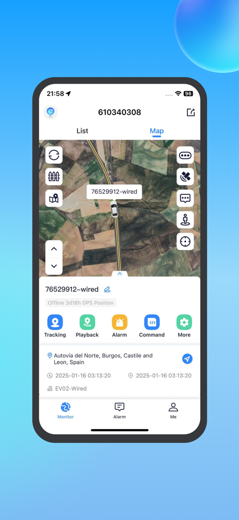 Satellite map view in the EYON app showing real-time vehicle tracking and asset management controls