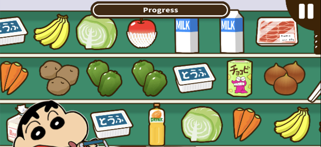 Shin-chan at the supermarket choosing food items from shelves in a shopping minigame