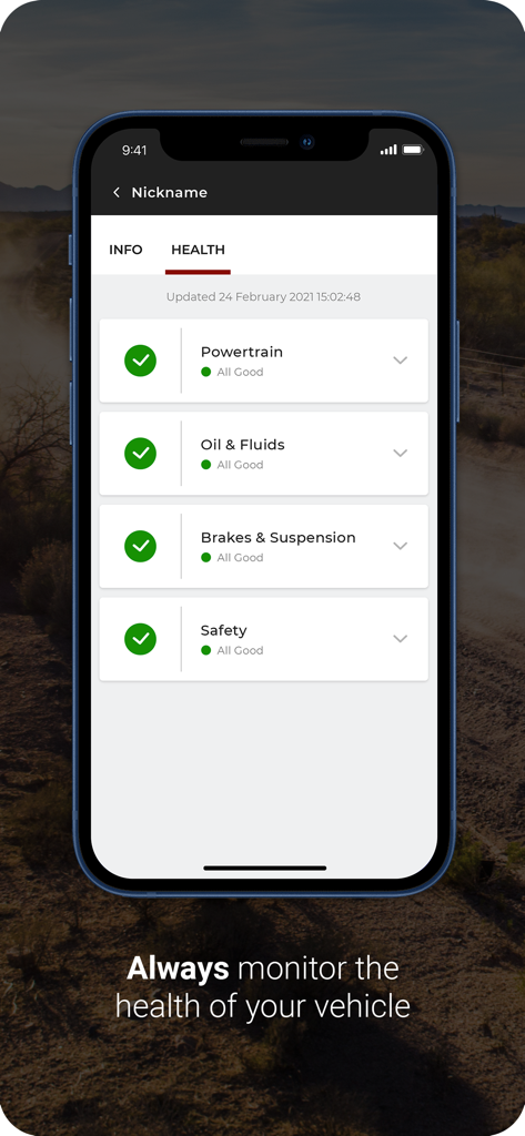 Smartphone screen showing the RAM app vehicle health dashboard with status checks for powertrain oil brakes and safety