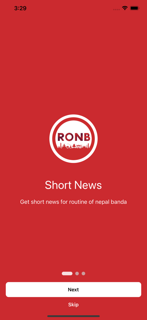 Routine of Nepal Banda - Routine of Nepal Banda app onboarding screen with RONB logo and short news tagline