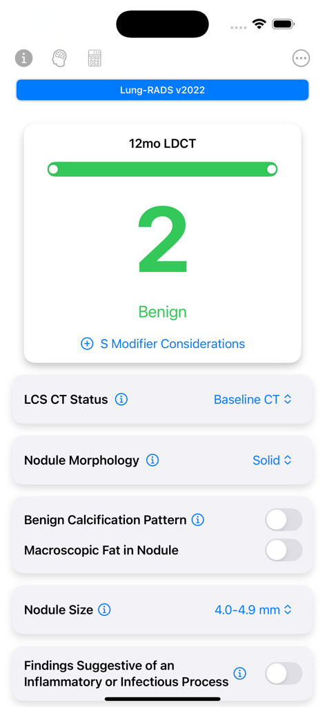 Lung Cancer Screening Guide - Lung Cancer Screening Guide app interface showing a Lung-RADS v2022 score of 2 for benign nodule classification.