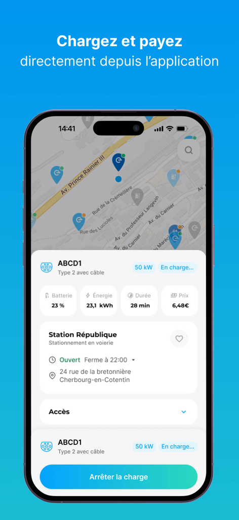 EVzen Charge - Smartphone screen showing the EVzen Charge app with a live electric vehicle charging session including price and energy stats.