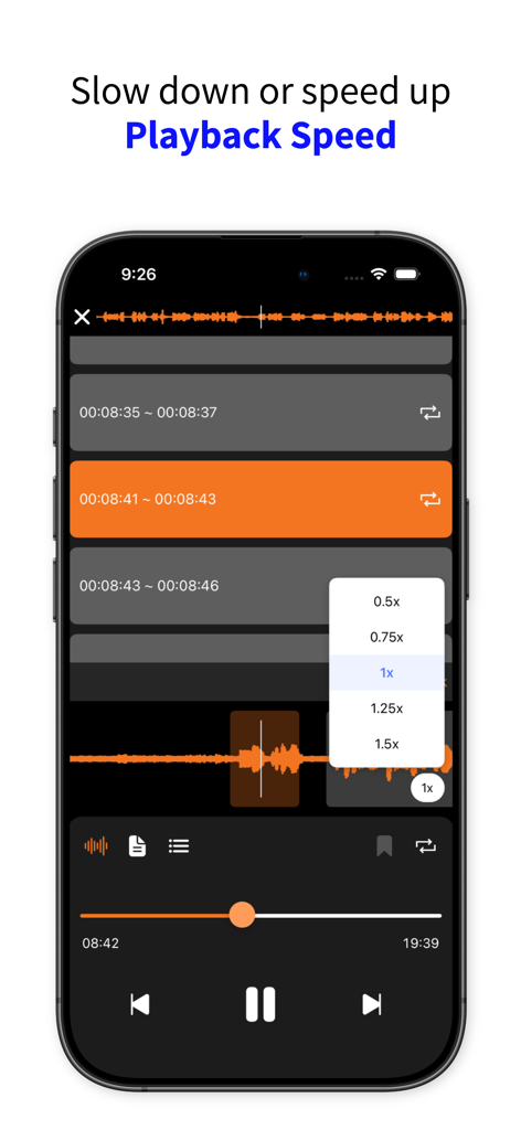 Listen Repeat - AB Repeat - Interfaz de la aplicación Listen Repeat que muestra opciones de velocidad de reproducción de audio de 0.5x a 1.5x