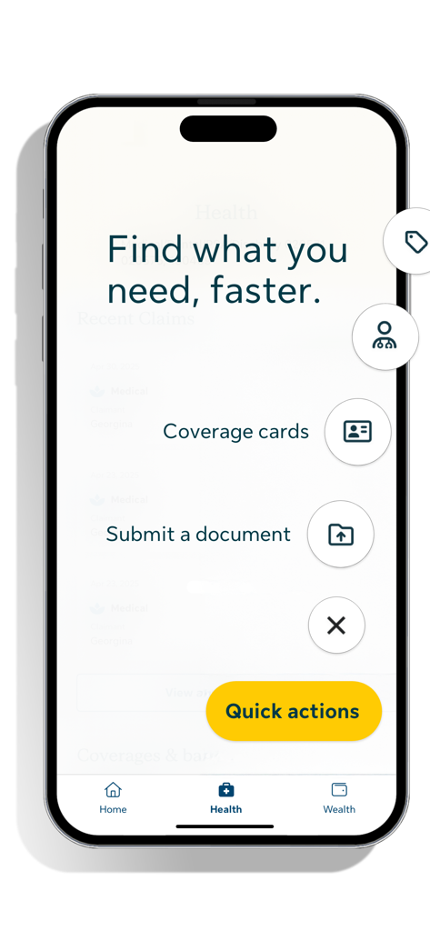 my Sun Life (Canada) - 보장 카드에 액세스하거나 문서를 제출하는 옵션이 있는 빠른 작업 메뉴를 보여주는 my Sun Life 앱 인터페이스.