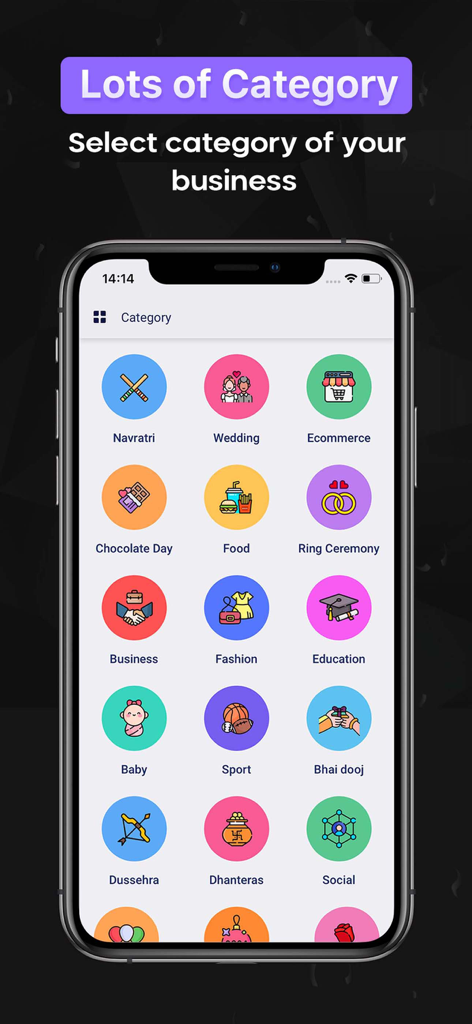 Un écran mobile montrant une variété de catégories de design comme le mariage, l'e-commerce et la mode dans l'application Poster Maker.