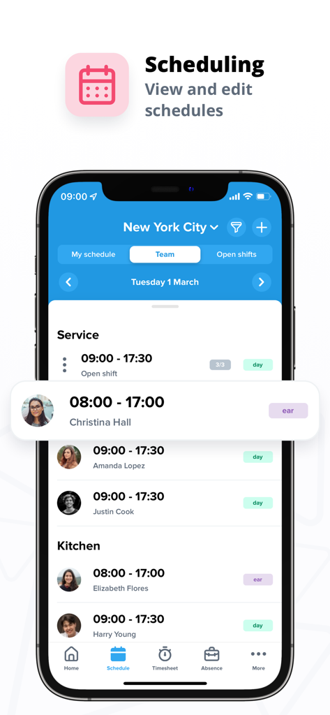 Interface da aplicação Shiftbase mostrando uma escala de trabalho em equipa com nomes de funcionários e horas de turno
