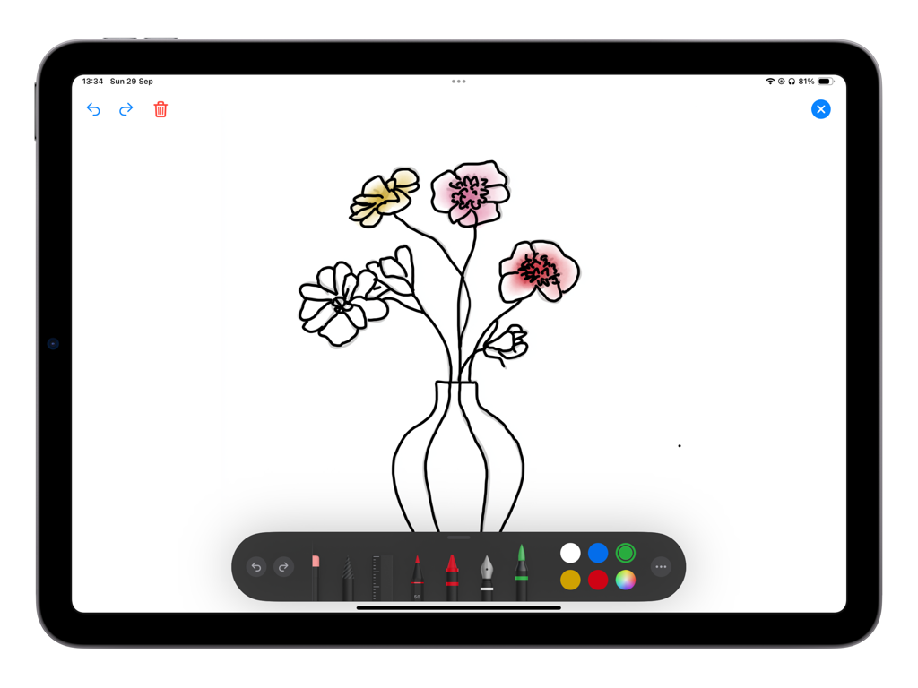 Trace Drawing - Ilustración digital de flores en un jarrón siendo coloreada dentro de la aplicación Trace Drawing en un iPad.