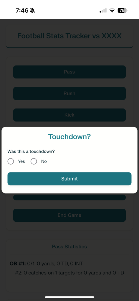 A pop-up window in the Football Stat Tracker Pro app asking to confirm if a play was a touchdown