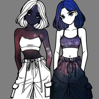 two girls with crop top with baggy pants